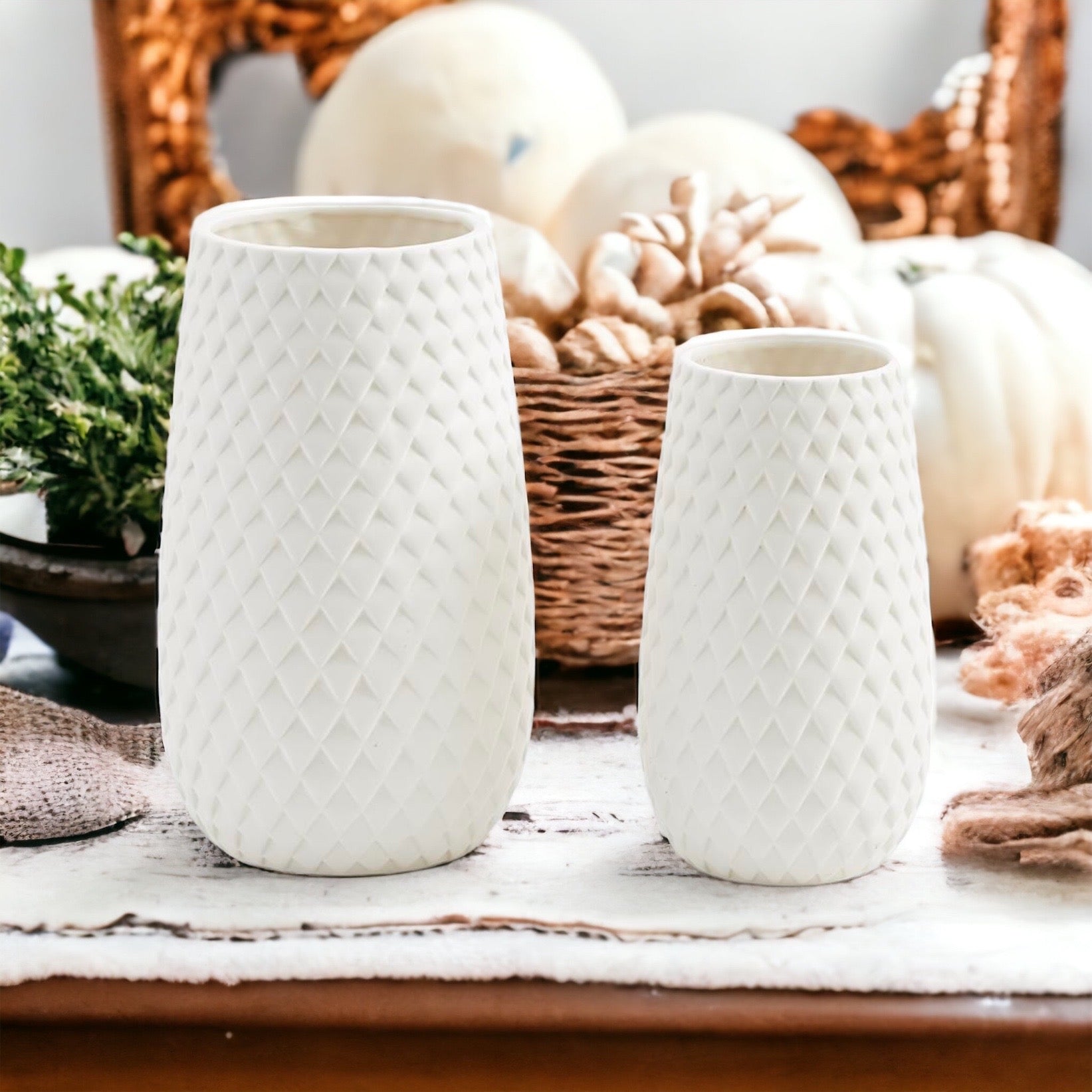 Ceramic Diamond Weave White Vase showcasing a unique diamond pattern, perfect for floral arrangements.