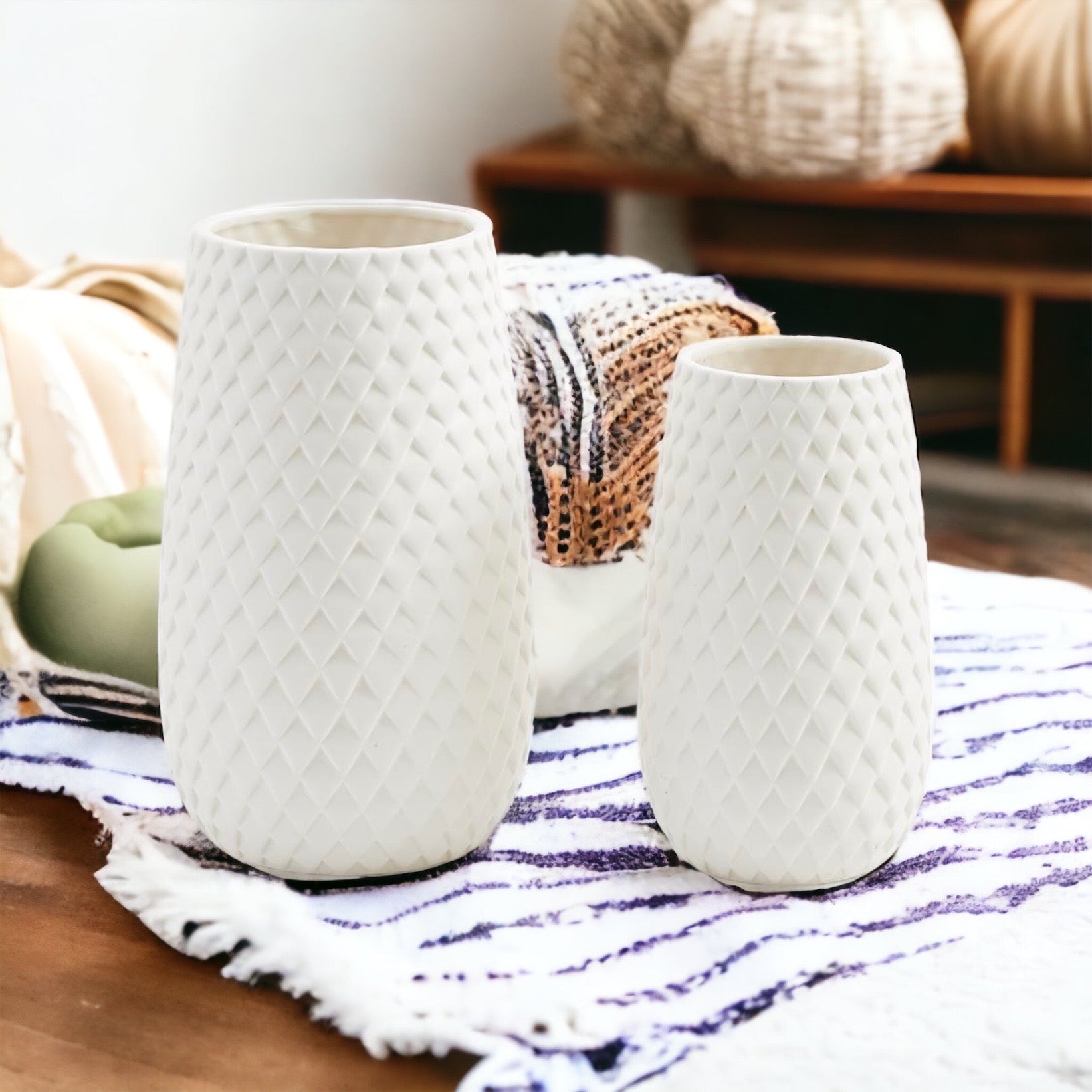 Ceramic Diamond Weave White Vase showcasing a unique diamond pattern, perfect for floral arrangements.