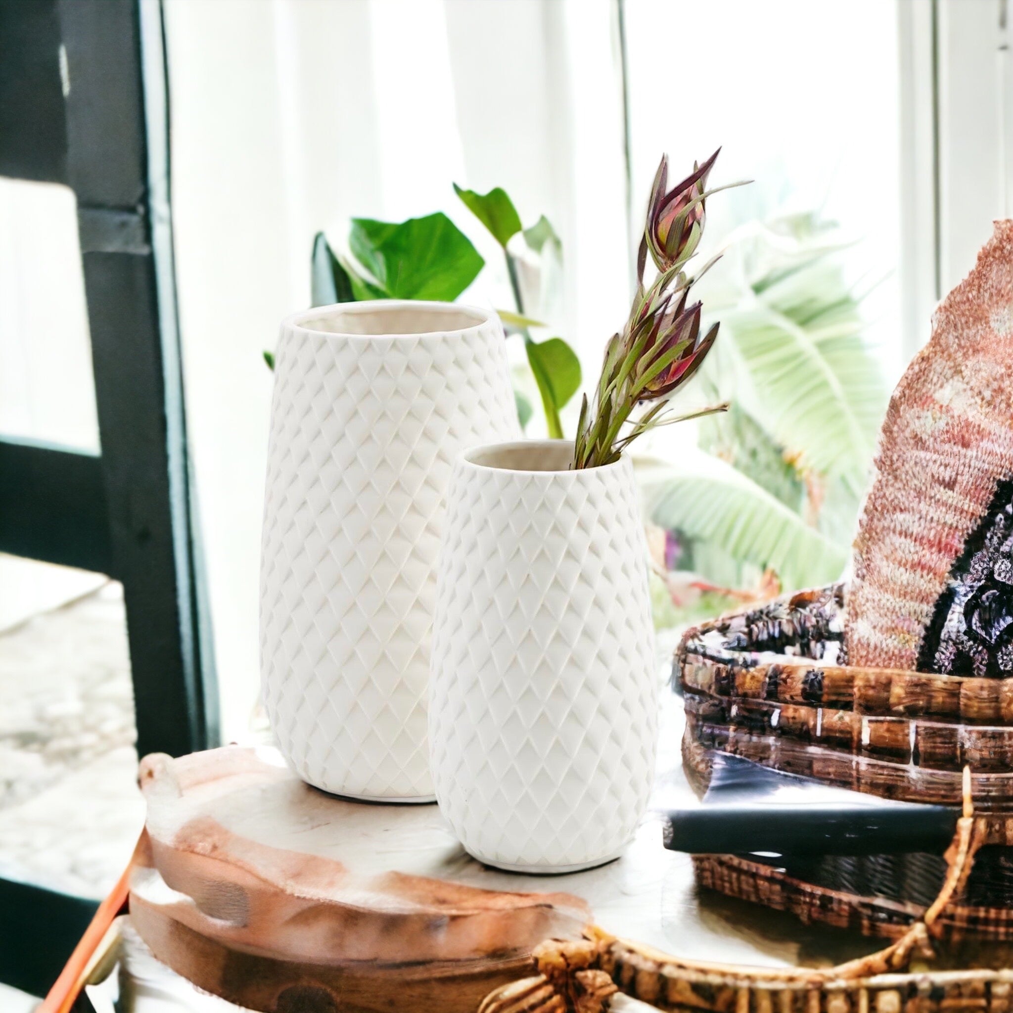 Ceramic Diamond Weave White Vase showcasing a unique diamond pattern, perfect for floral arrangements.