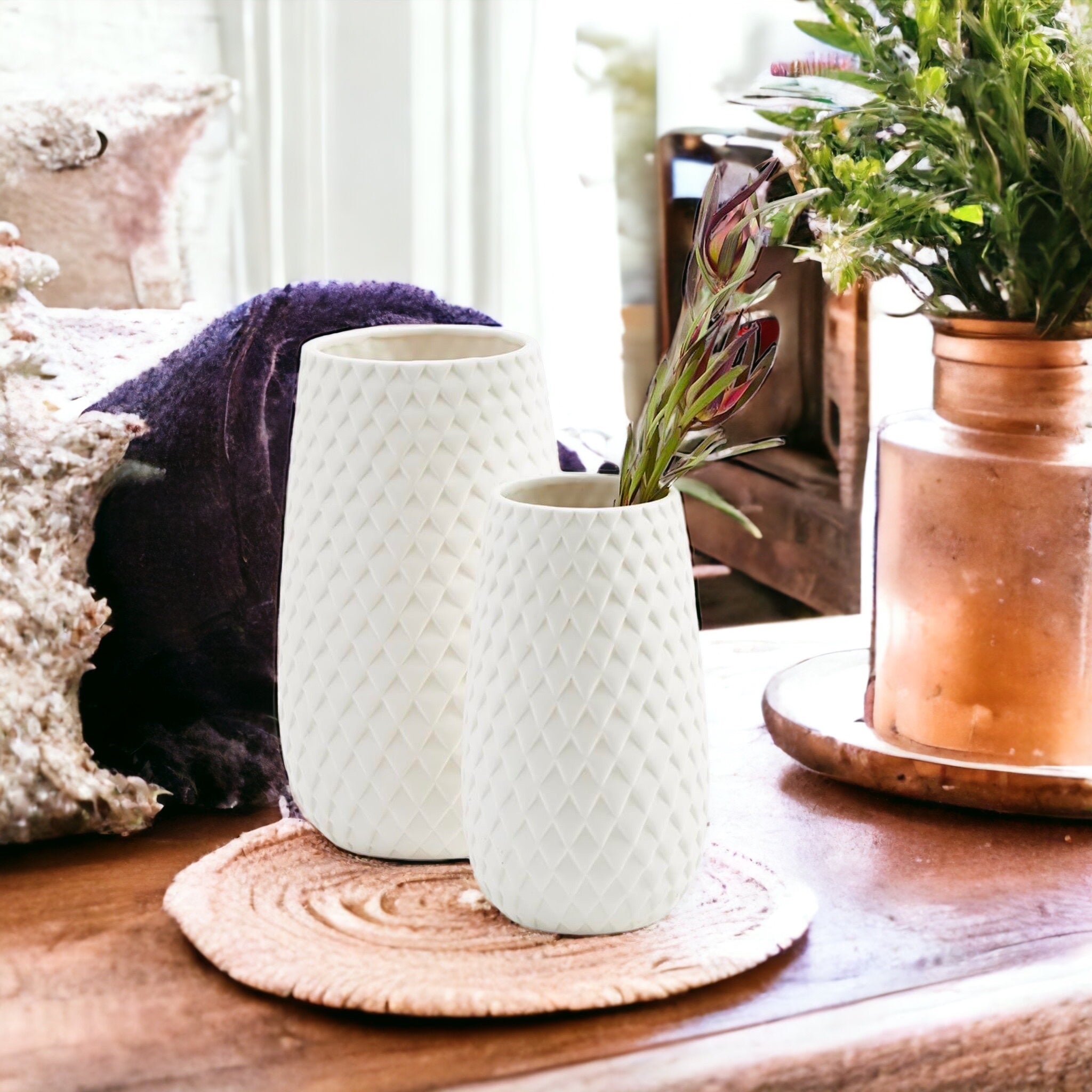 Ceramic Diamond Weave White Vase showcasing a unique diamond pattern, perfect for floral arrangements.