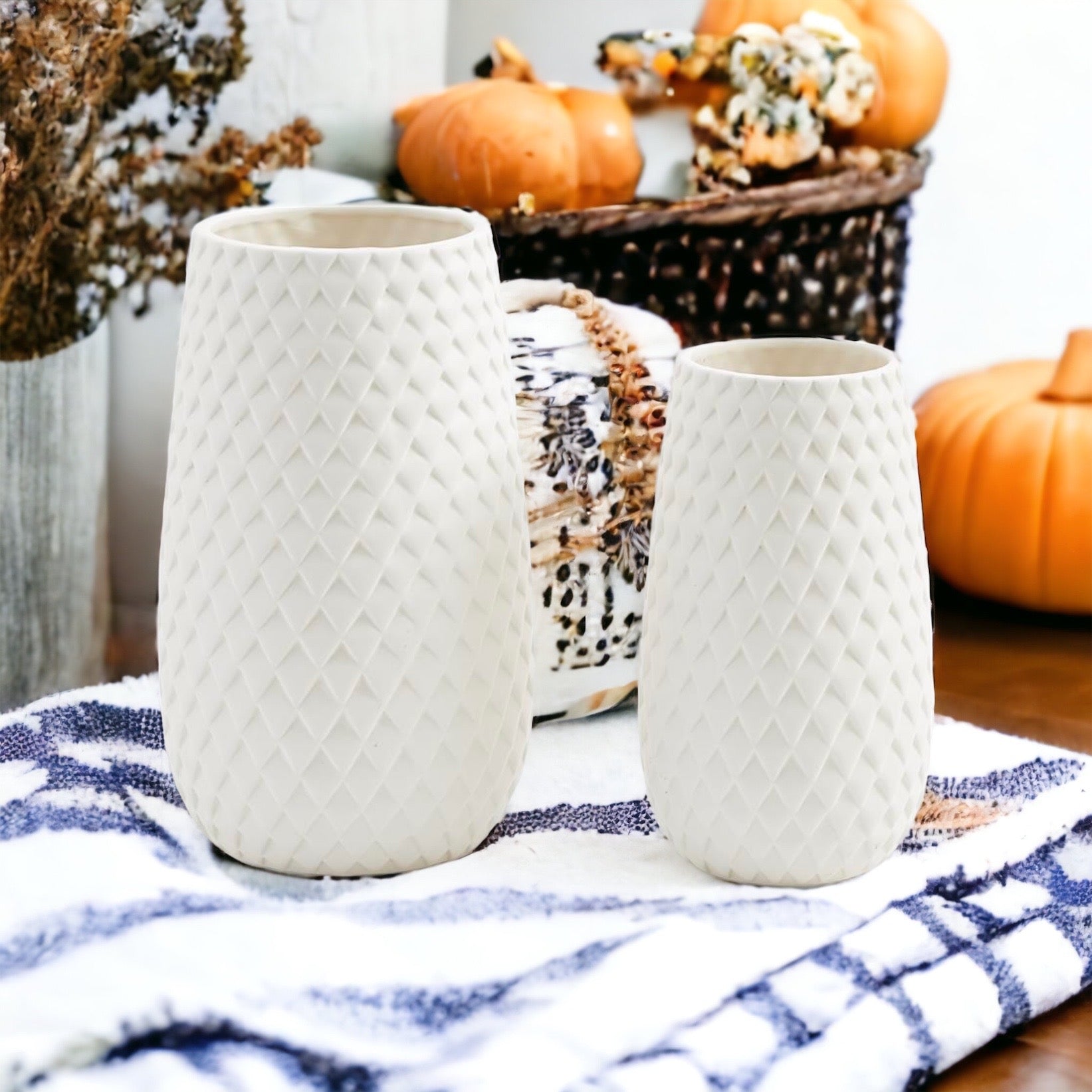 Ceramic Diamond Weave White Vase showcasing a unique diamond pattern, perfect for floral arrangements.