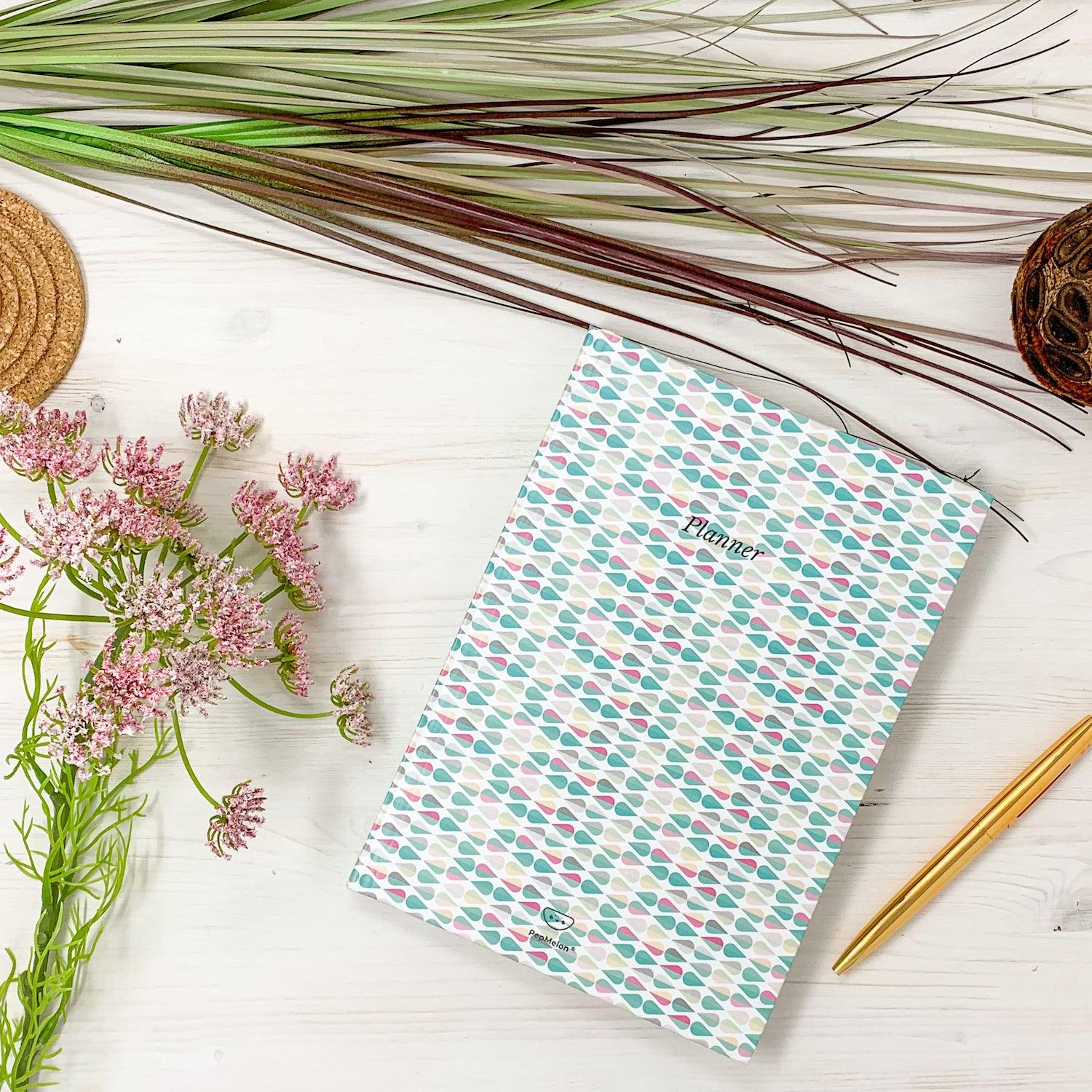 Turquoise Drops Diary and Notebook featuring a hard matt cover, motivational quotes, and eco-friendly natural paper.