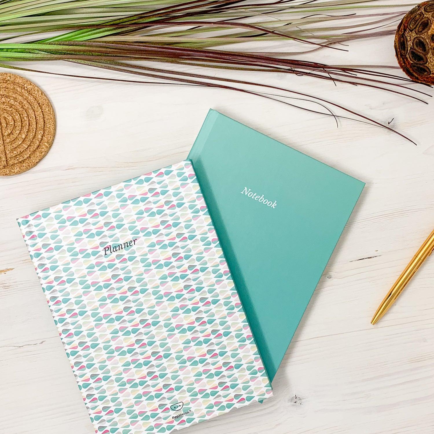 Turquoise Drops Diary and Notebook featuring a hard matt cover, motivational quotes, and eco-friendly natural paper.