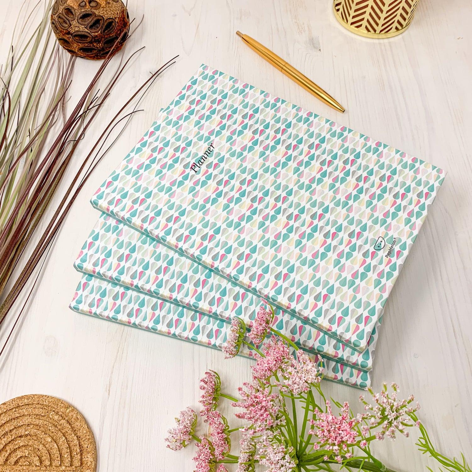 Turquoise Drops Diary and Notebook featuring a hard matt cover, motivational quotes, and eco-friendly natural paper.