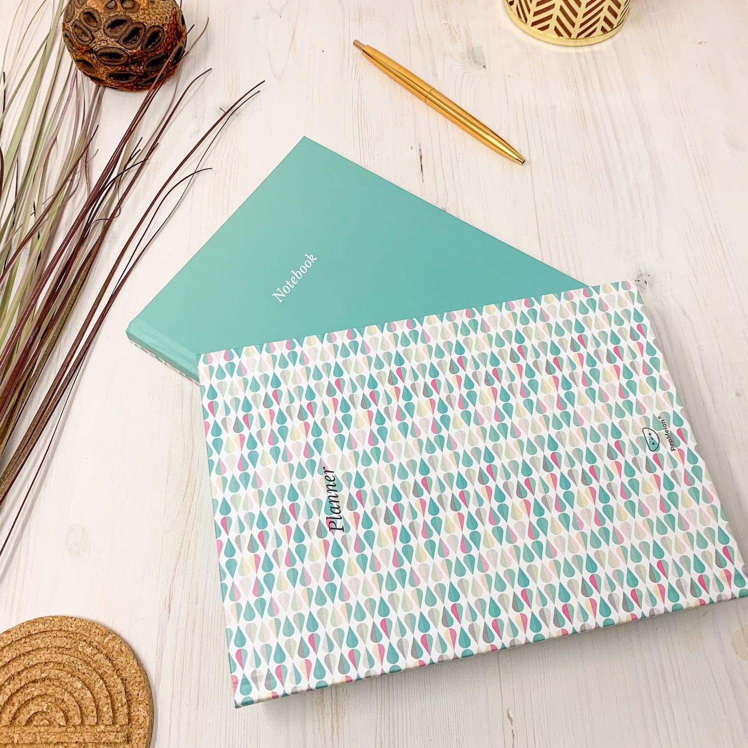 Turquoise Drops Diary and Notebook featuring a hard matt cover, motivational quotes, and eco-friendly natural paper.