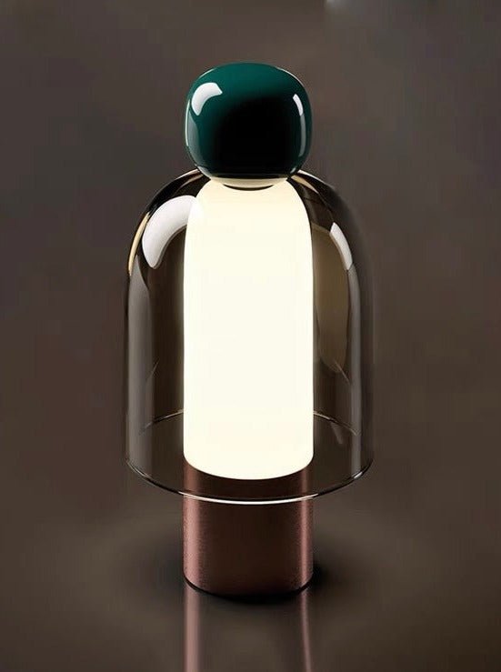 Dimmable Portable Cute Whimsy Eclectic Modern Table Lamp with rounded glass shape and metal base, showcasing a playful design.