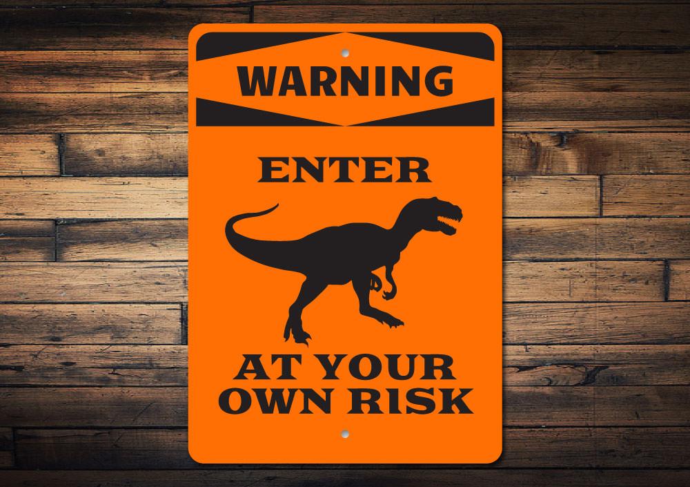 Colorful Dinosaur Warning Sign made of durable aluminum, featuring playful dinosaur graphics, perfect for children's rooms.