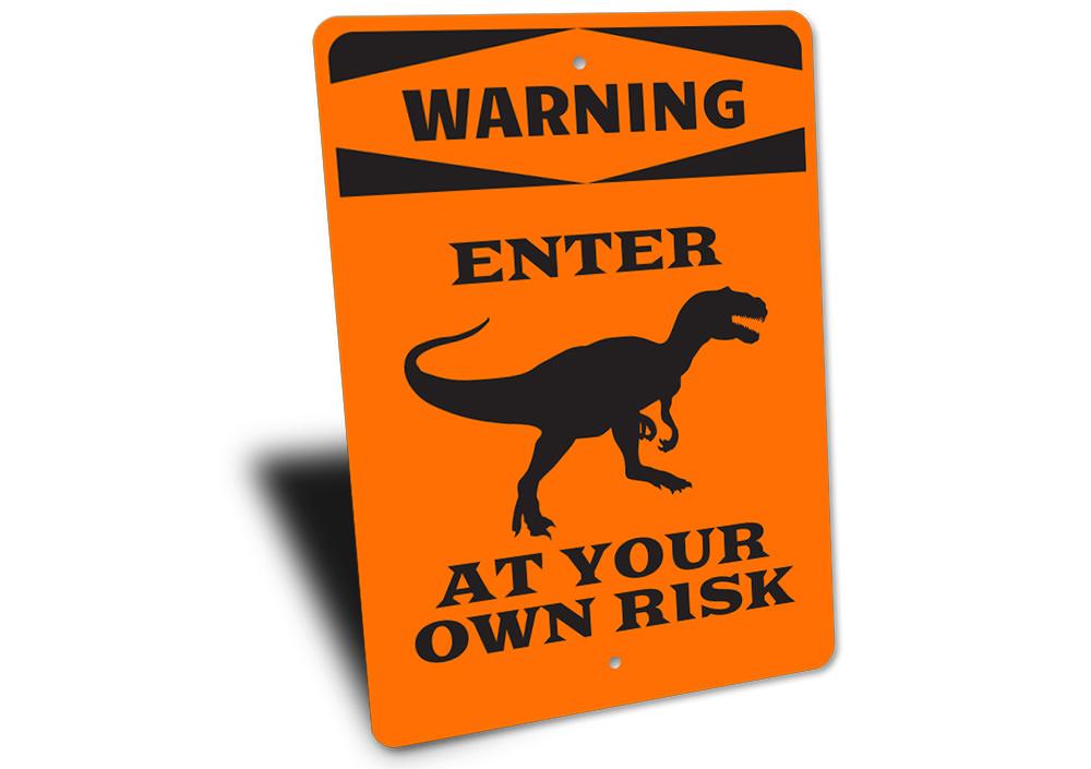 Colorful Dinosaur Warning Sign made of durable aluminum, featuring playful dinosaur graphics, perfect for children's rooms.