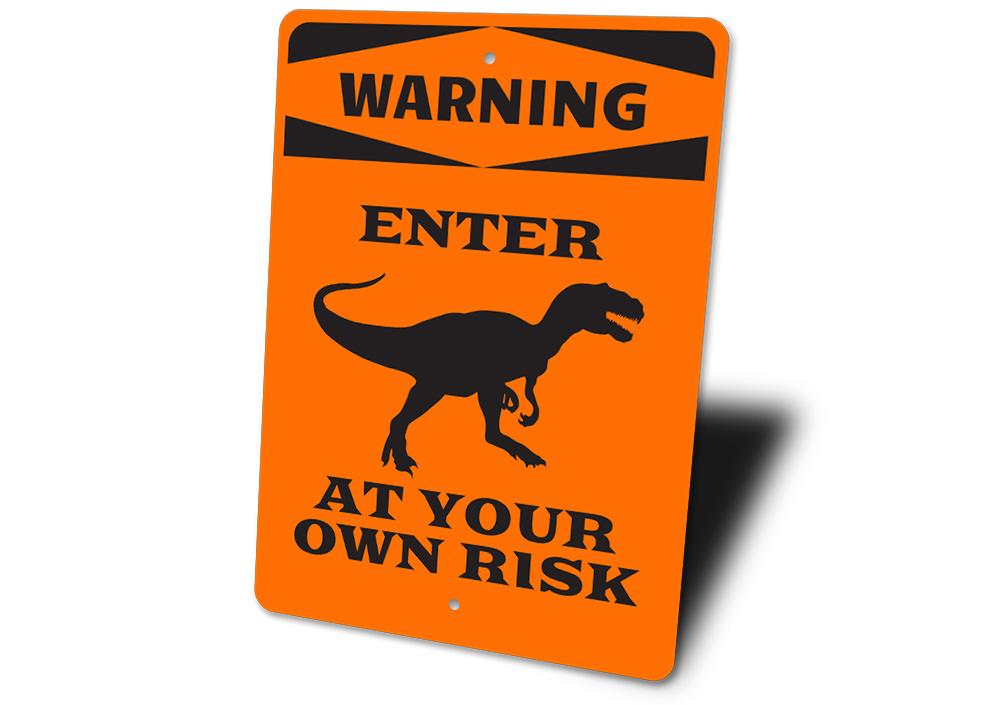 Colorful Dinosaur Warning Sign made of durable aluminum, featuring playful dinosaur graphics, perfect for children's rooms.