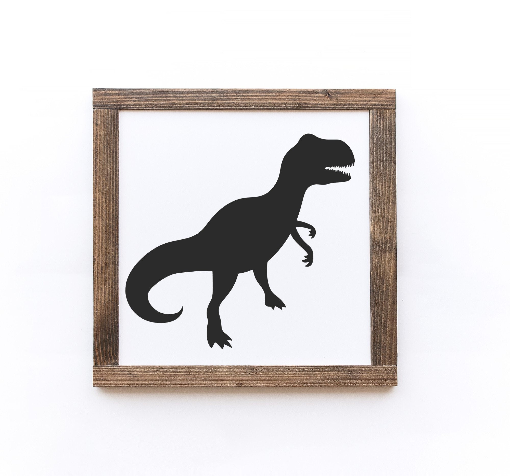 Handmade Dinosaur Wood Signs in matte white finish, showcasing unique wood grain and knots, available in two sizes.