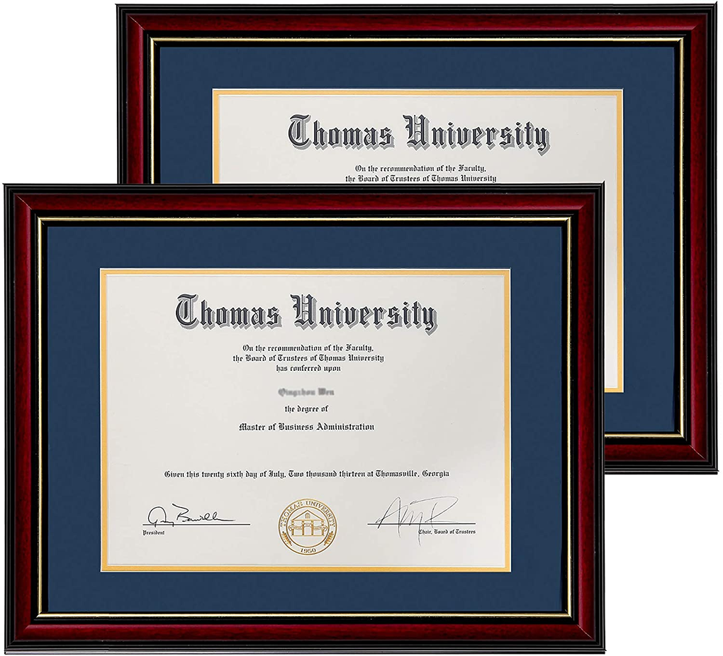 Elegant diploma frame made of real wood and glass with a golden rim, designed for 8.5x11 inch diplomas, featuring navy blue double matting.