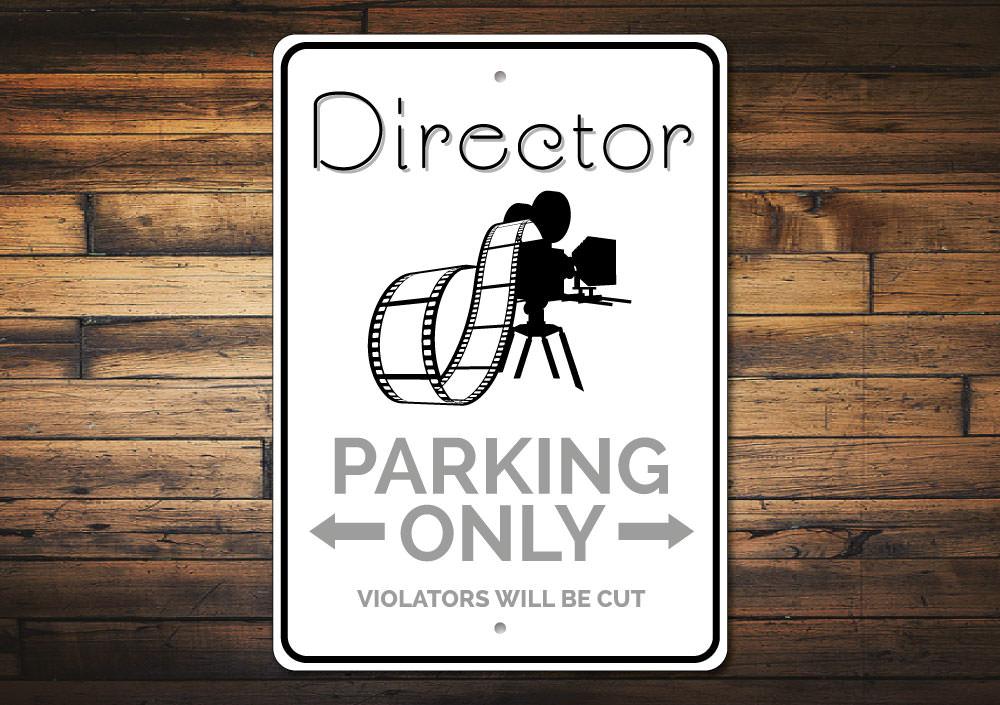 A customizable Director Parking Sign made of durable aluminum, featuring pre-drilled holes for easy mounting, showcasing unique designs for various professions.