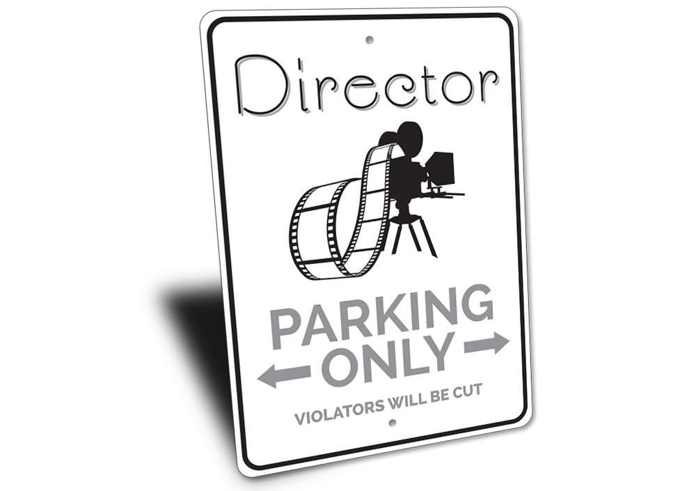 A customizable Director Parking Sign made of durable aluminum, featuring pre-drilled holes for easy mounting, showcasing unique designs for various professions.