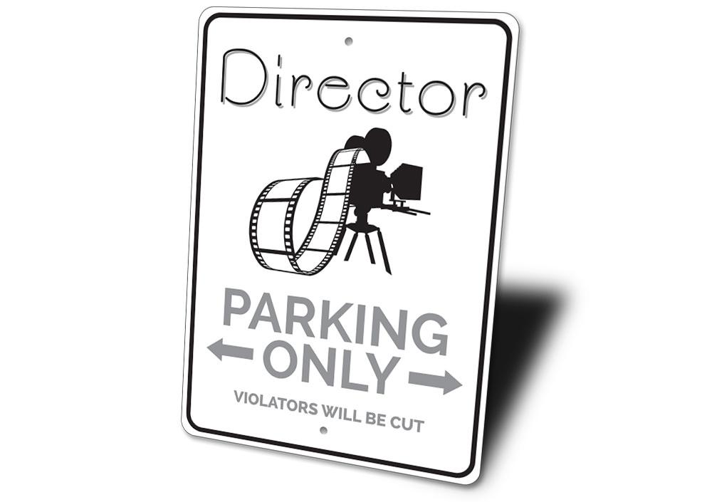 A customizable Director Parking Sign made of durable aluminum, featuring pre-drilled holes for easy mounting, showcasing unique designs for various professions.