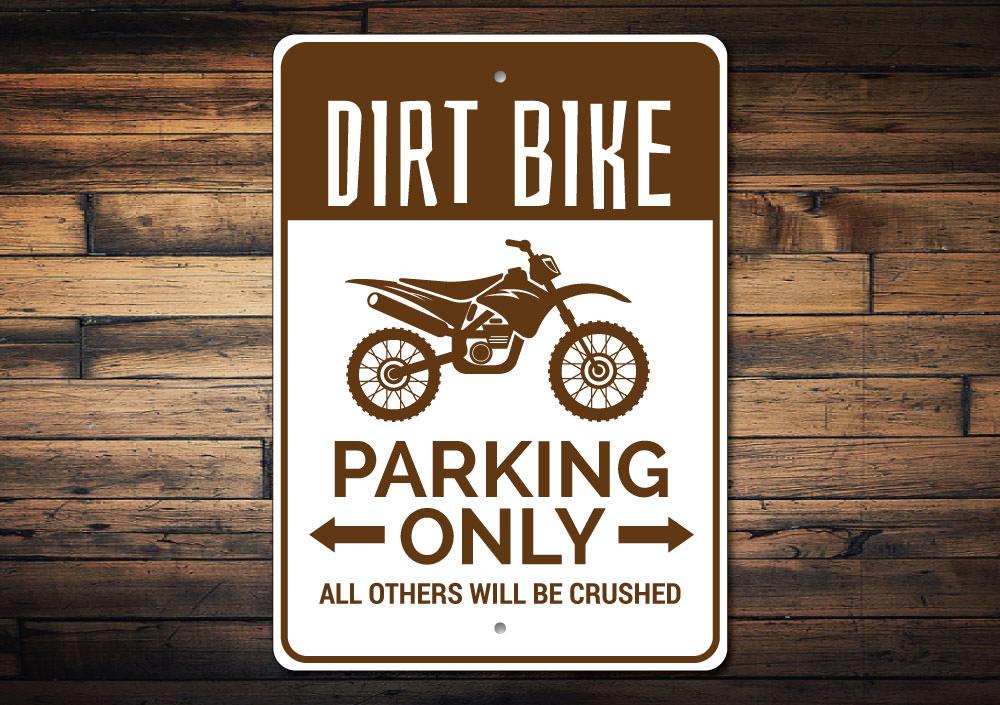 A vibrant Dirt Bike Parking Sign made of durable aluminum, featuring customizable text and pre-drilled holes for easy mounting.