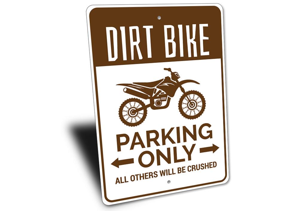 A vibrant Dirt Bike Parking Sign made of durable aluminum, featuring customizable text and pre-drilled holes for easy mounting.