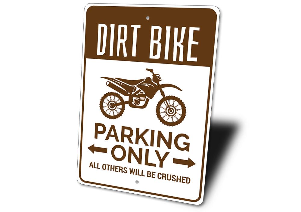 A vibrant Dirt Bike Parking Sign made of durable aluminum, featuring customizable text and pre-drilled holes for easy mounting.