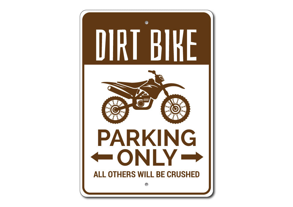 A vibrant Dirt Bike Parking Sign made of durable aluminum, featuring customizable text and pre-drilled holes for easy mounting.