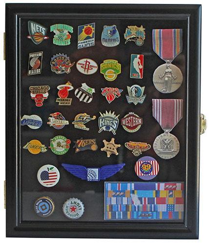 Display Case Cabinet Shadow Box featuring a black finish, UV-protected door, and lockable latches, ideal for military medals and pins.