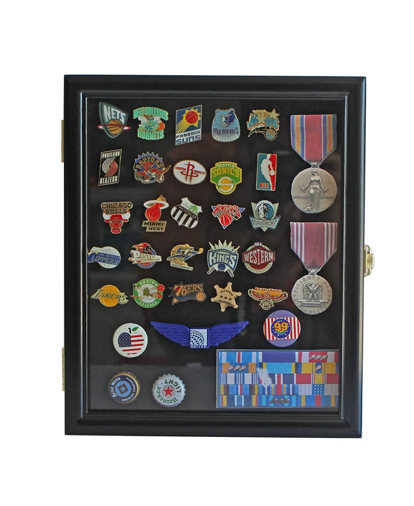 Display Case Cabinet Shadow Box showcasing military medals, pins, and patches with a black finish and UV protected clear door.