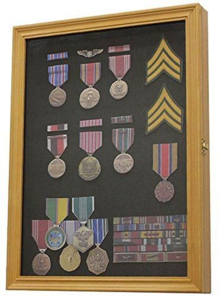 Elegant display case wall frame cabinet for military medals, handcrafted from solid beech hardwood with a glass door and felt background.