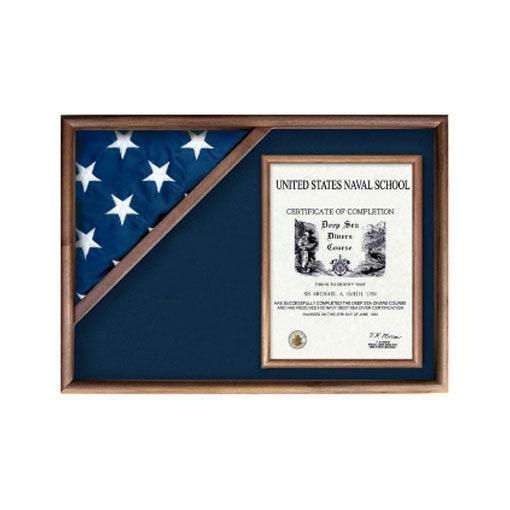 Elegant display case for military flags made of solid oak and walnut, showcasing a folded flag and memorabilia.