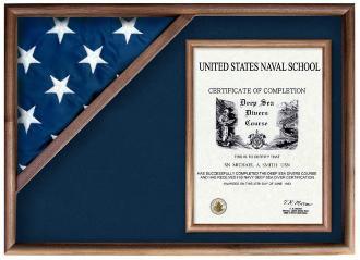 Walnut display case for military flags, showcasing a folded flag and memorabilia with authentic service uniform fabric.