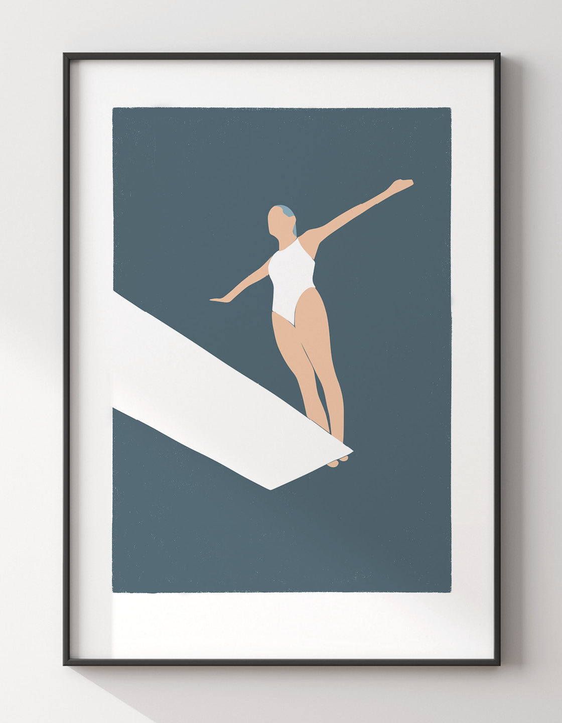 Minimalist wall art print featuring an art deco style diver on a diving board, perfect for coastal-themed decor.