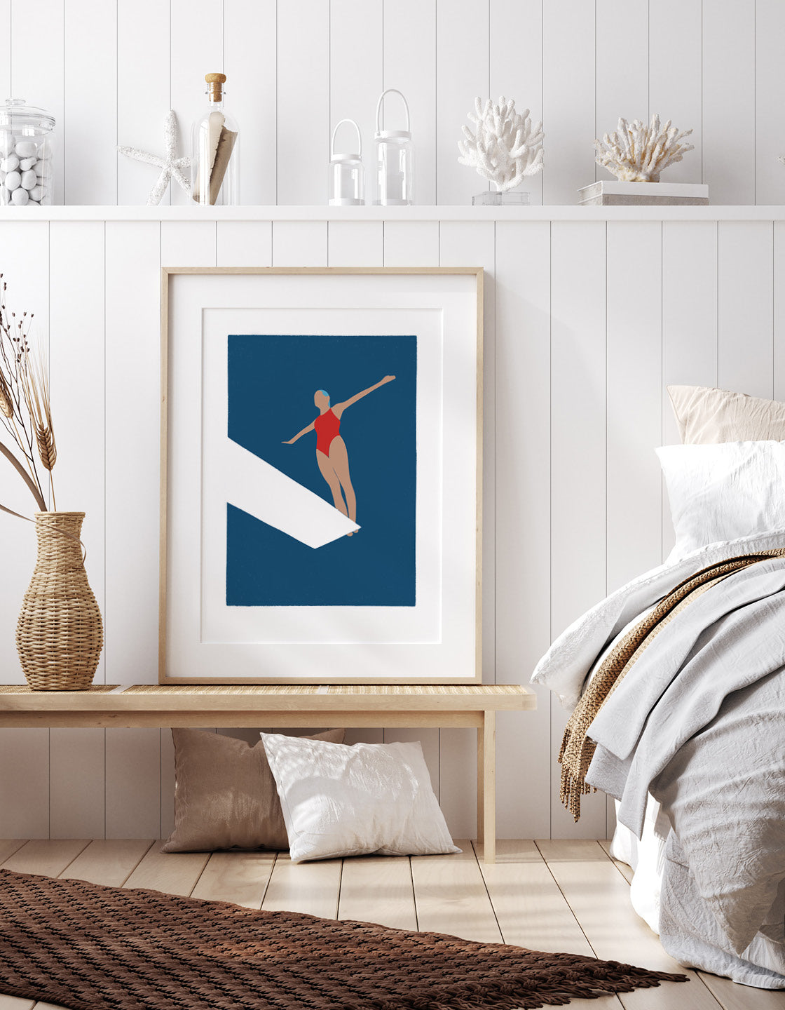 Minimalist wall art print featuring an art deco style diver on a diving board, perfect for coastal-themed decor.