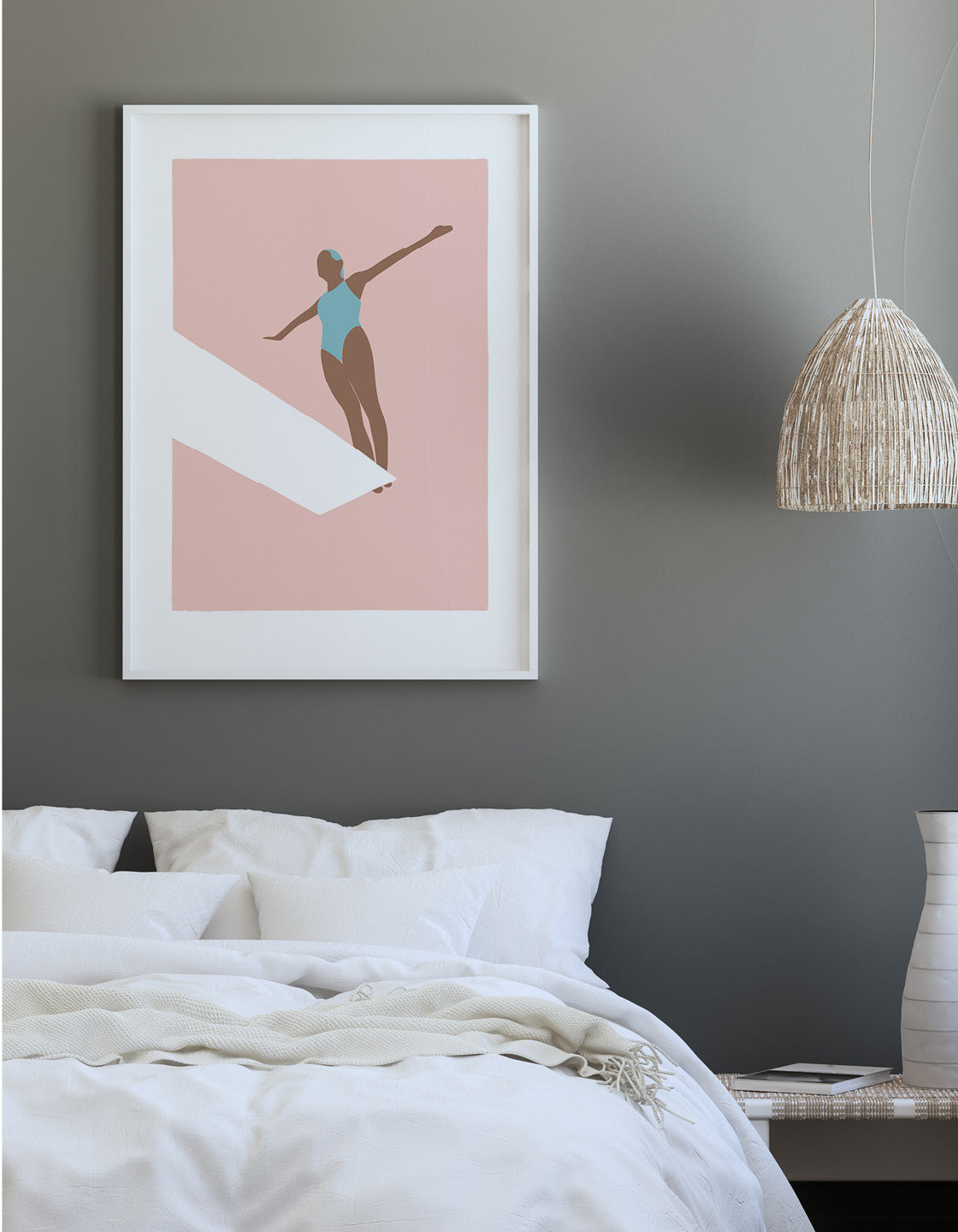 Minimalist wall art print featuring an art deco style diver on a diving board, perfect for coastal-themed decor.