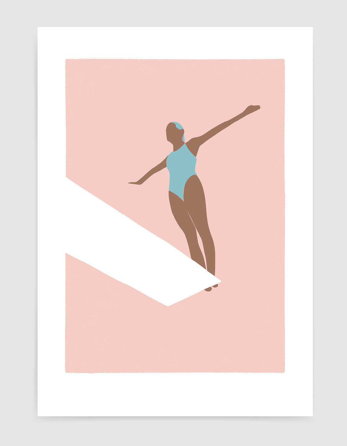 Minimalist wall art print featuring an art deco style diver on a diving board, perfect for coastal-themed decor.