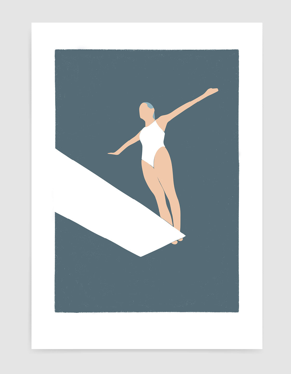 Minimalist wall art print featuring an art deco style diver on a diving board, perfect for coastal-themed decor.