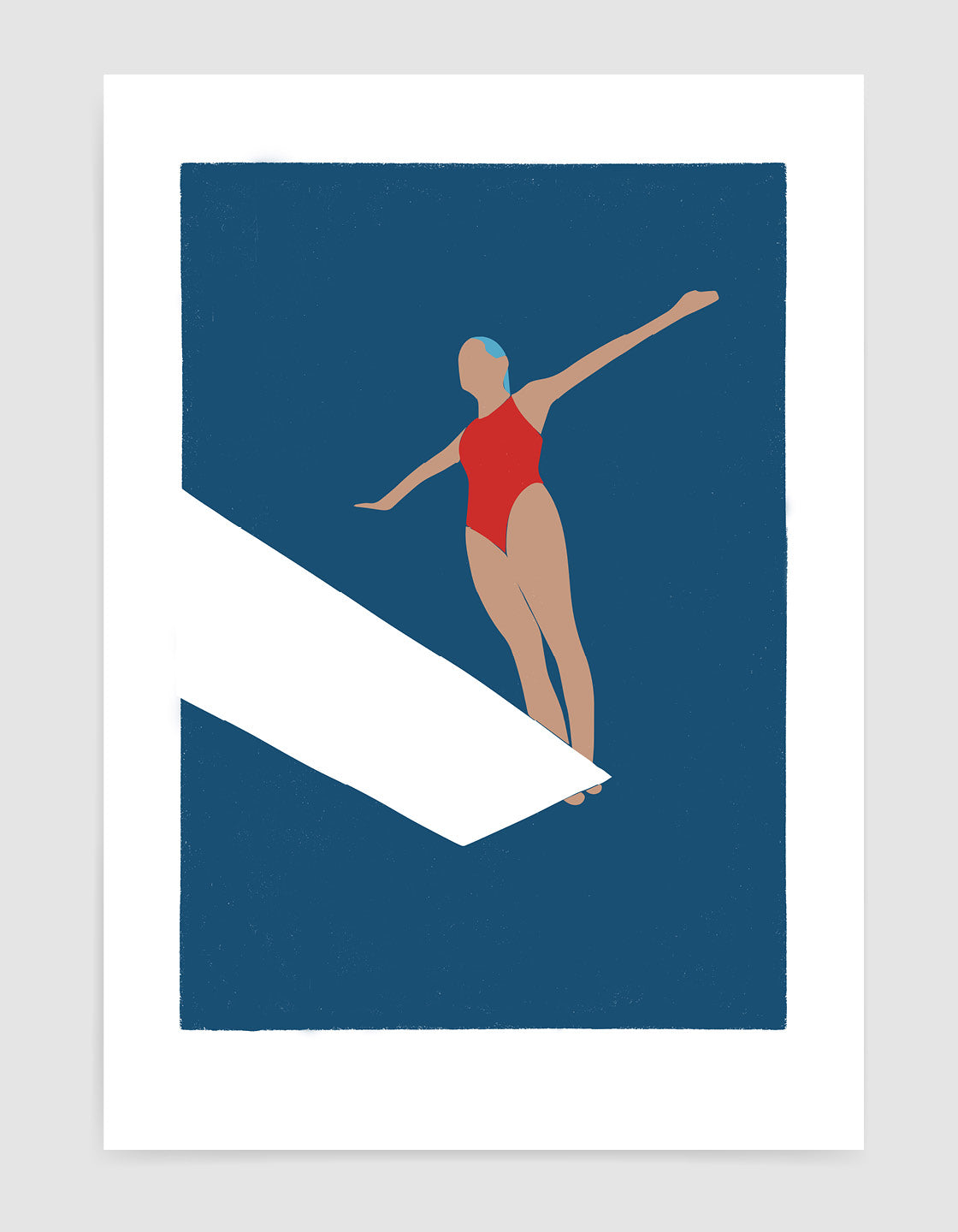 Minimalist wall art print featuring an art deco style diver on a diving board, perfect for coastal-themed decor.