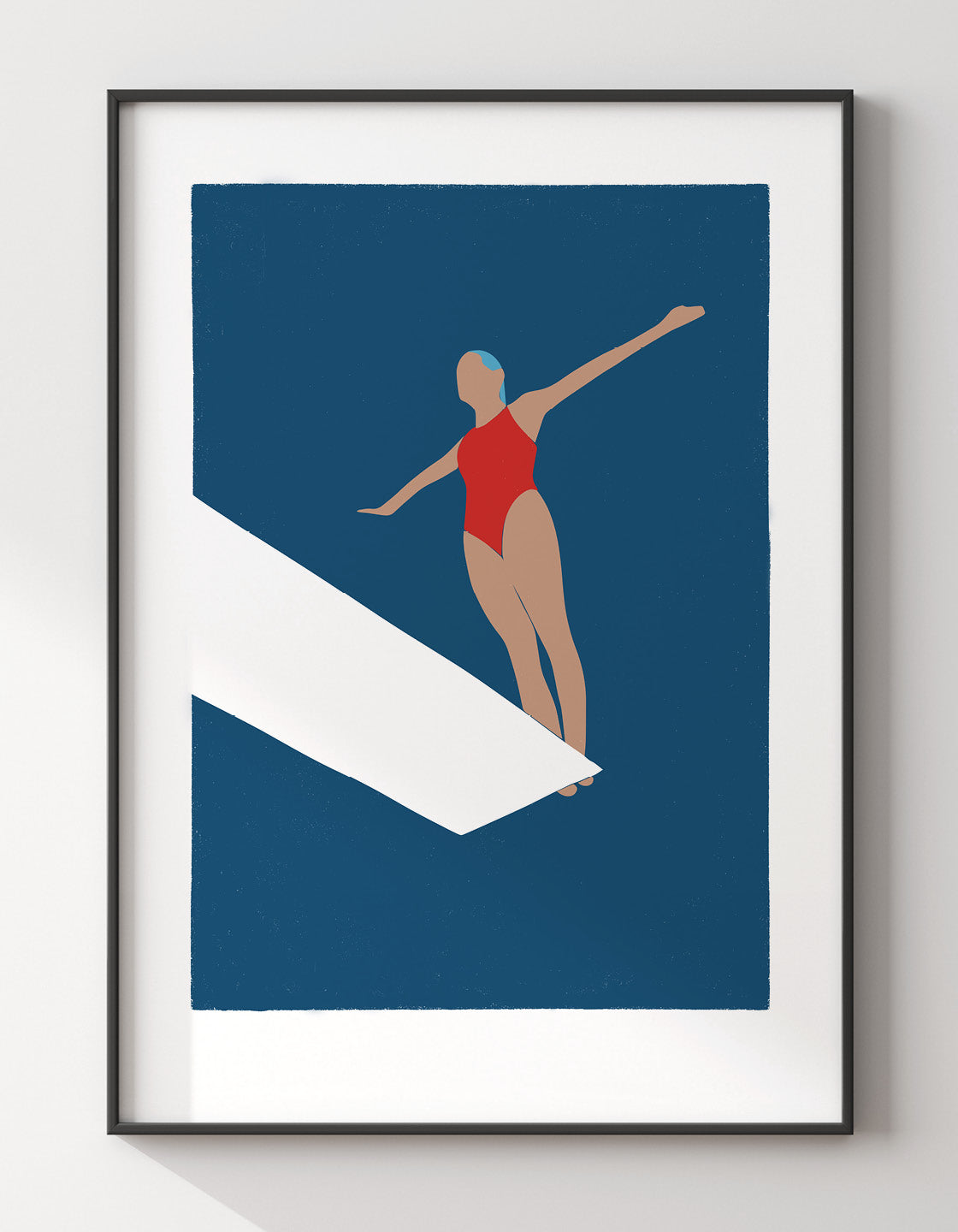 Minimalist wall art print featuring an art deco style diver on a diving board, perfect for coastal-themed decor.