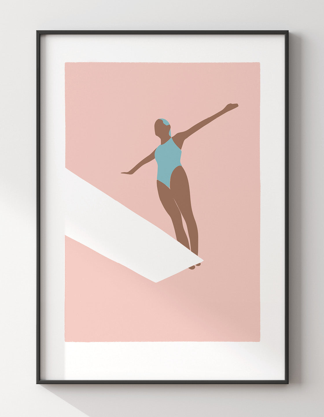 Minimalist wall art print featuring an art deco style diver on a diving board, perfect for coastal-themed decor.