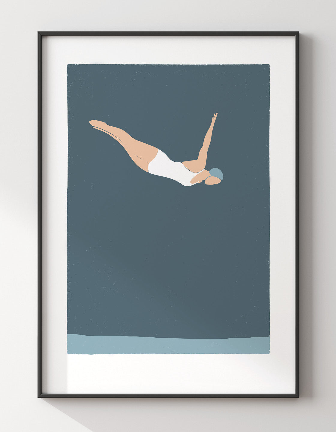 A minimalist art print featuring a diving woman, embodying the essence of the ocean, perfect for coastal decor.