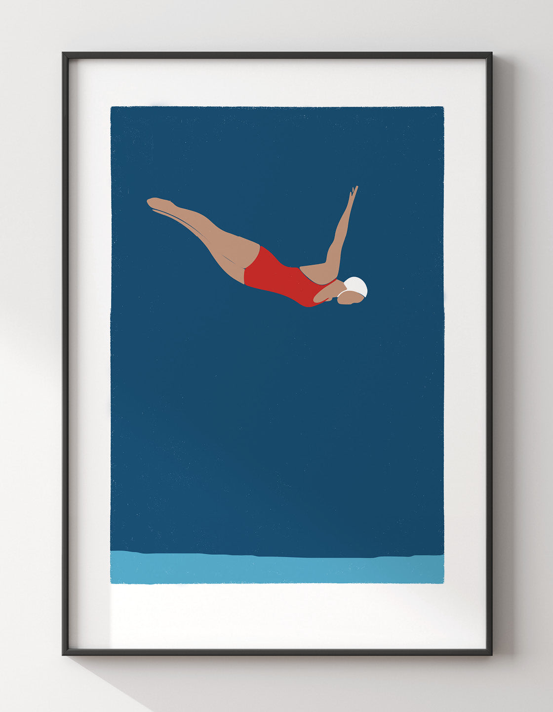 A minimalist art print featuring a diving woman, embodying the essence of the ocean, perfect for coastal decor.