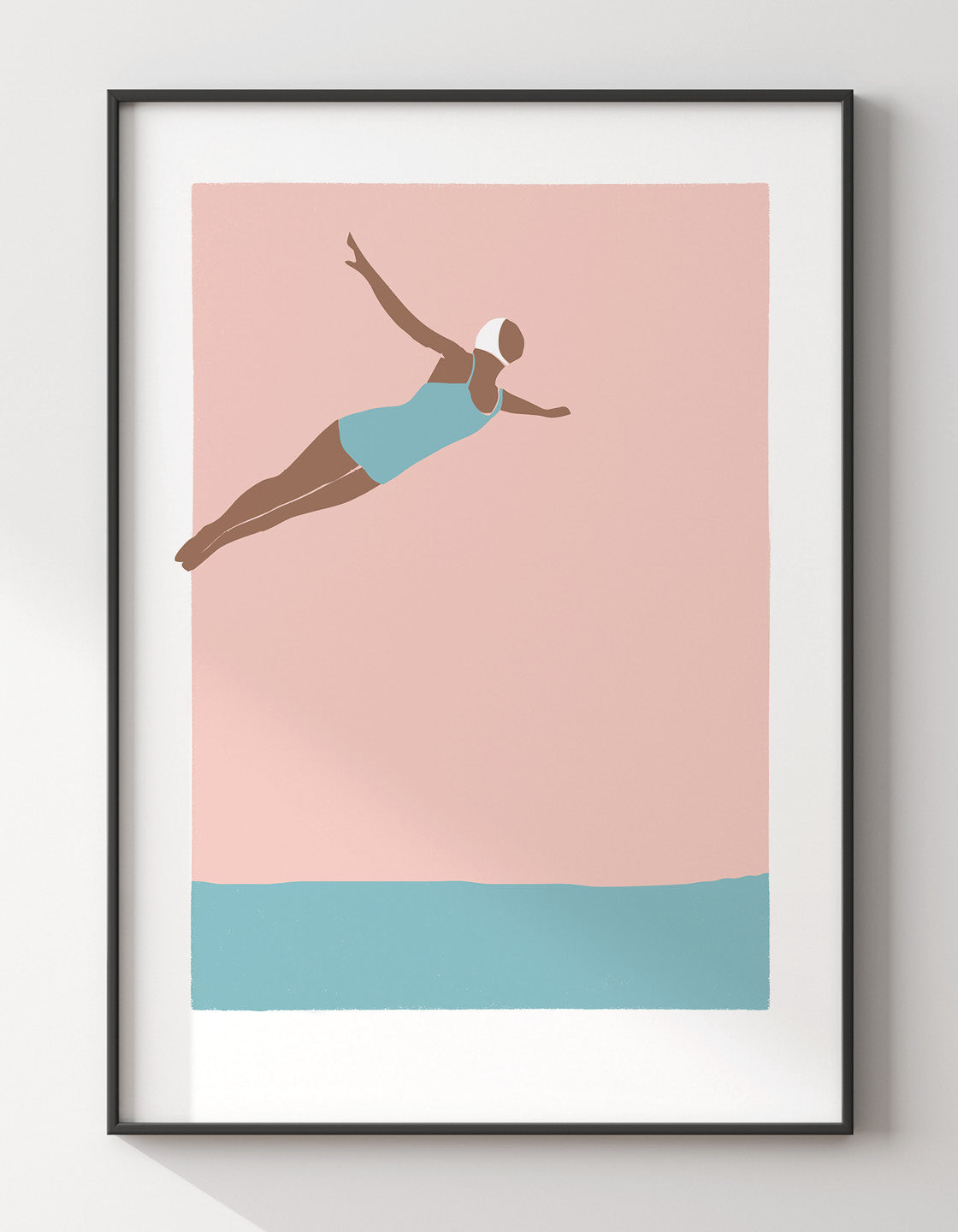 Art deco print of a serene diving girl, showcasing elegant lines and calming colors, perfect for bathroom decor.