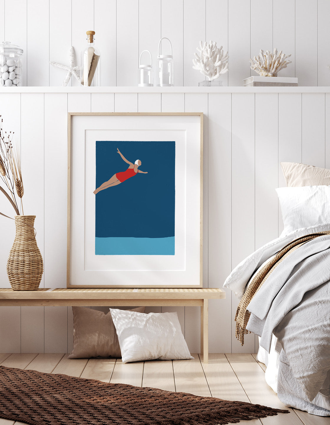 Art deco print of a serene diving girl, showcasing elegant lines and calming colors, perfect for bathroom decor.