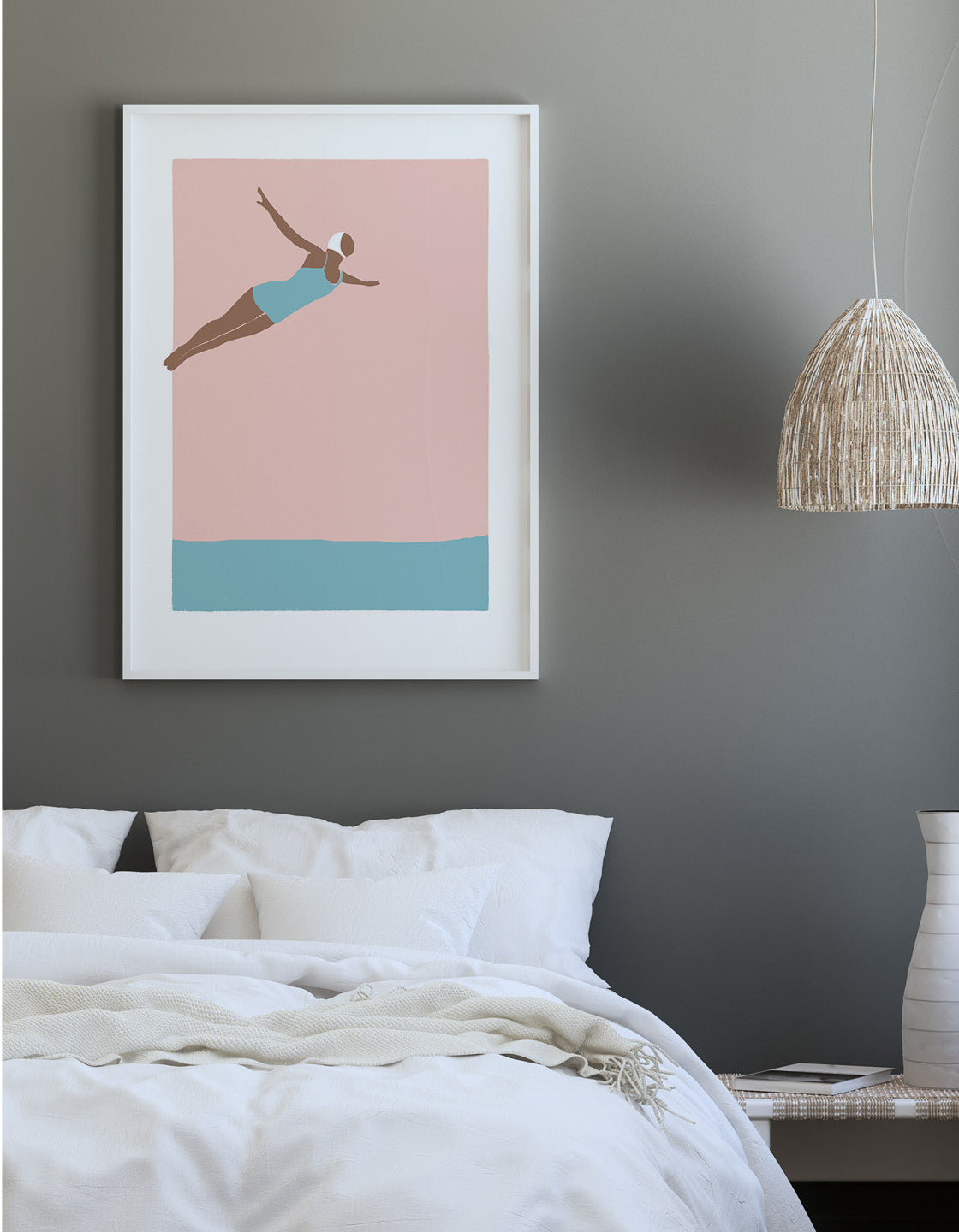 Art deco print of a serene diving girl, showcasing elegant lines and calming colors, perfect for bathroom decor.