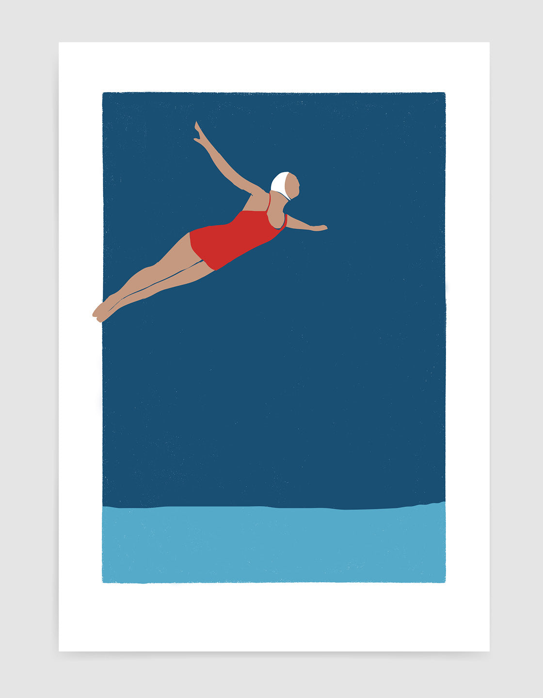 Art deco print of a serene diving girl, showcasing elegant lines and calming colors, perfect for bathroom decor.