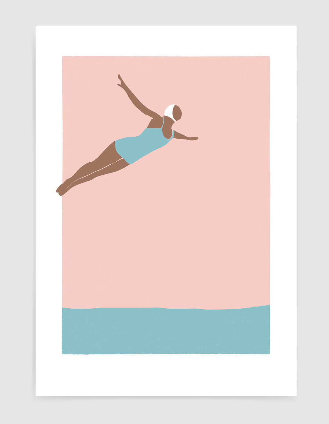 Art deco print of a serene diving girl, showcasing elegant lines and calming colors, perfect for bathroom decor.