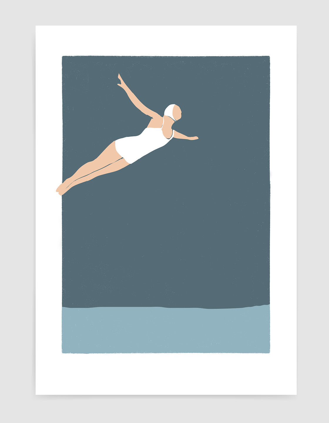 Art deco print of a serene diving girl, showcasing elegant lines and calming colors, perfect for bathroom decor.