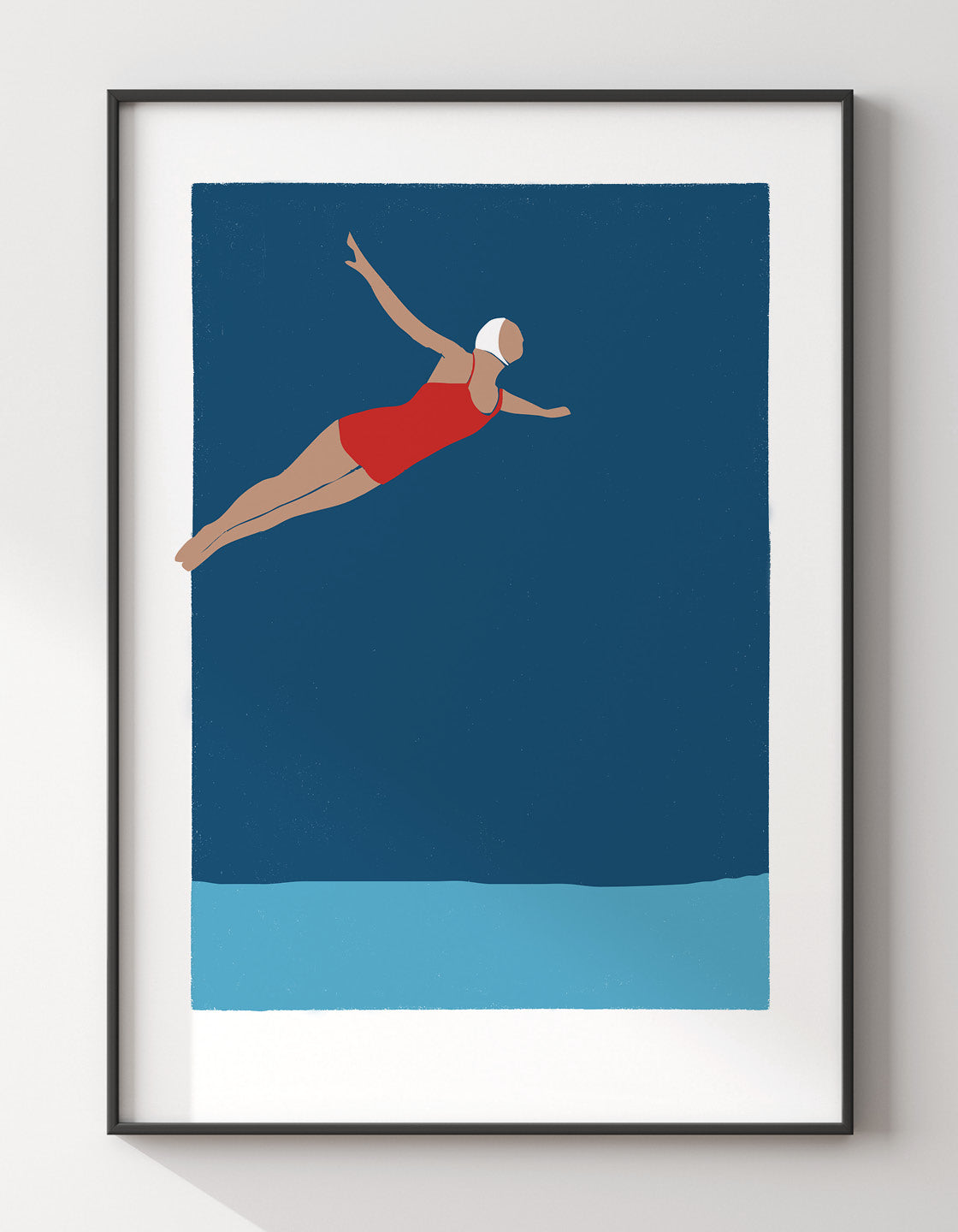 Art deco print of a serene diving girl, showcasing elegant lines and calming colors, perfect for bathroom decor.