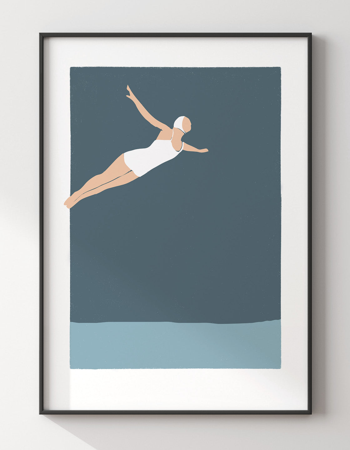 Art deco print of a serene diving girl, showcasing elegant lines and calming colors, perfect for bathroom decor.