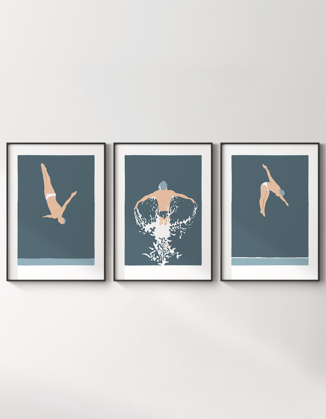 Gallery wall set featuring three art deco inspired diving man prints in bold and minimal design.