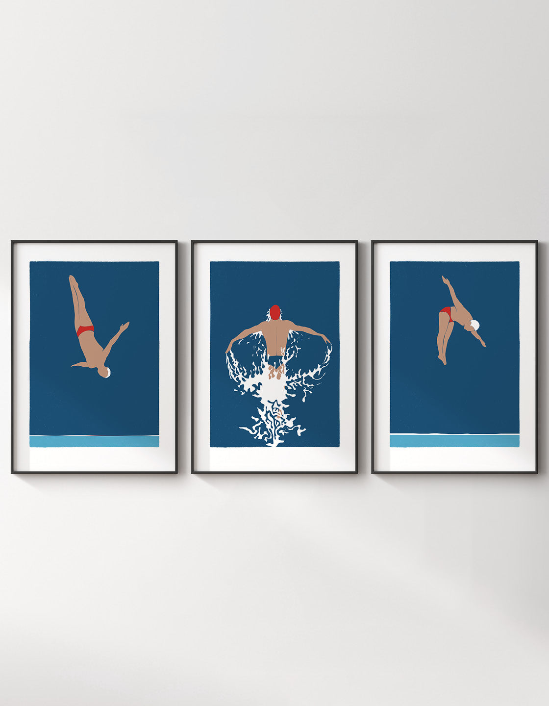 Gallery wall set featuring three art deco inspired diving man prints in bold and minimal design.