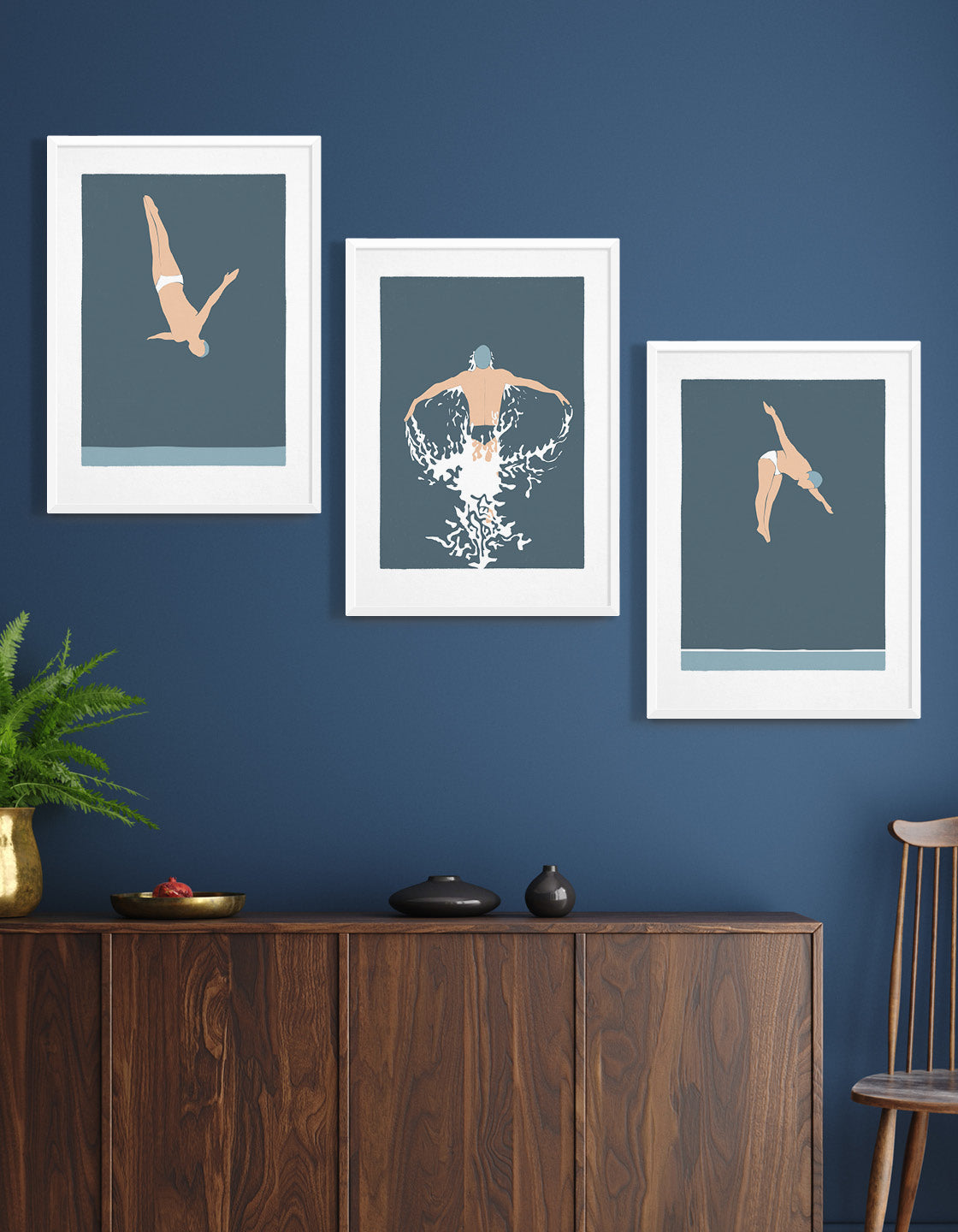 Gallery wall set featuring three art deco inspired diving man prints in bold and minimal design.