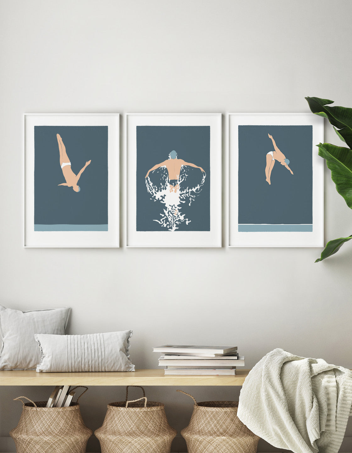 Gallery wall set featuring three art deco inspired diving man prints in bold and minimal design.