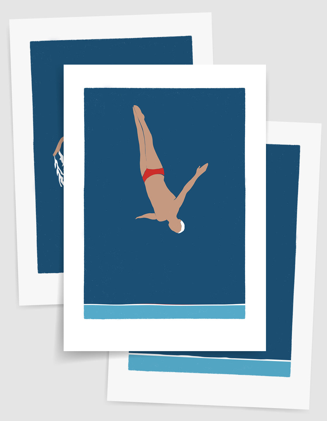 Gallery wall set featuring three art deco inspired diving man prints in bold and minimal design.